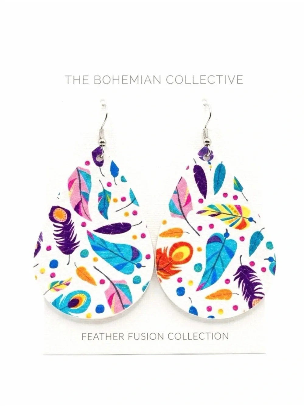 New Handmade S925 Sterling Silver Leather Rainbow Feather Dangle Earrings